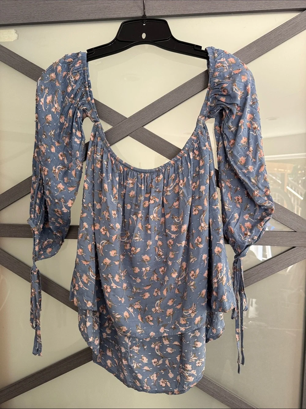 Dainty Hooligan Dusty Blue Floral Peasant Blouse